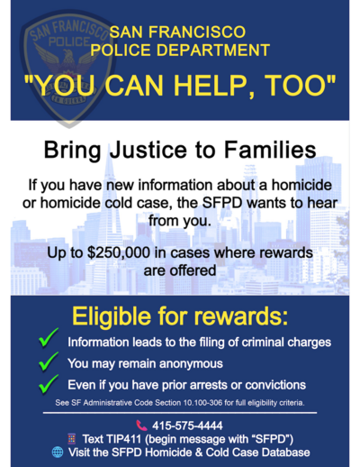 San Francisco Police Department poster seeking information on homicides or cold cases, offering rewards up to $250,000.